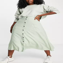 Jupe mi-longue boutonnée avec poche - Vert sauge