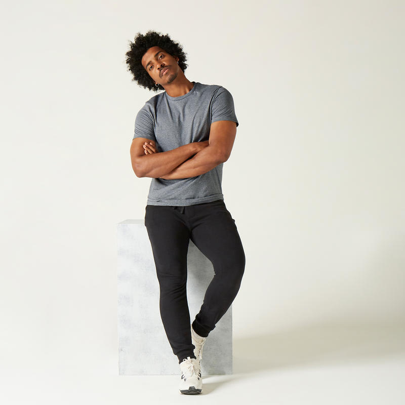 T-SHIRT FITNESS SPORTEE MANCHES COURTES SLIM COTON COL ROND HOMME GRIS FONCÉ