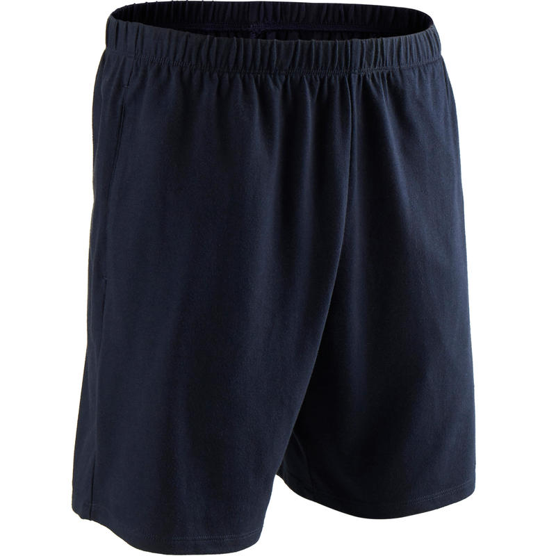 SHORT FITNESS HOMME COTON DROIT AVEC POCHE CLÉS - 100 BLEU COURT