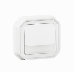 Poussoir inverseur lumineux étanche avec porte-étiquette Plexo livré complet pour montage en encastré avec griffes blanc