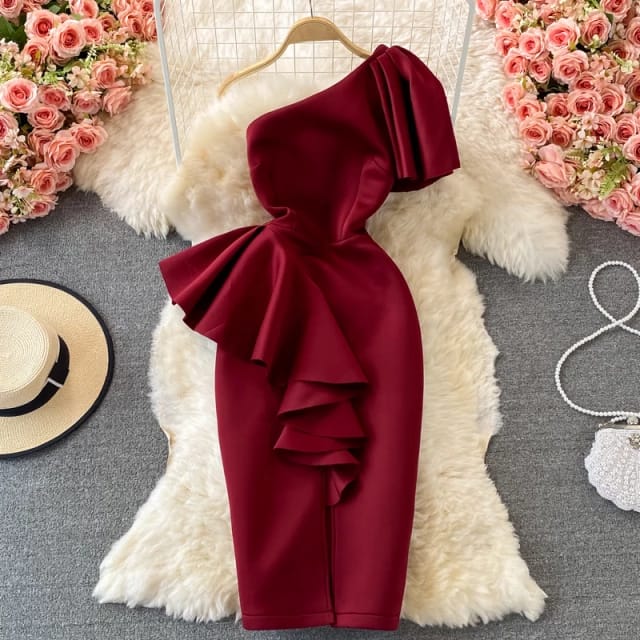 Robe de Soirée Sexy à Épaules Dénudées pour Femme, Coupe Diagonale Irrégulière, Taille Haute, Volants, Moulante, Décontractée