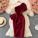 Robe de Soirée Sexy à Épaules Dénudées pour Femme, Coupe Diagonale Irrégulière, Taille Haute, Volants, Moulante, Décontractée