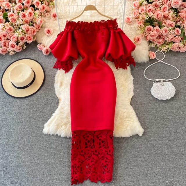 Robe longue en dentelle ajourée pour femmes, Sexy, moulante, élégante, rouge/rose/blanc, épaules dénudées, Patchwork
