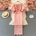 Robe longue en dentelle ajourée pour femmes, Sexy, moulante, élégante, rouge/rose/blanc, épaules dénudées, Patchwork