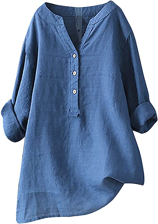 T-Shirt Grande Taille pour Femmes Haut décontracté en Coton et Lin à Manches Longues Boutons à col en V