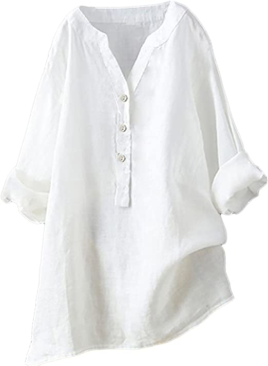 T-Shirt Grande Taille pour Femmes Haut décontracté en Coton et Lin à Manches Longues Boutons à col en V