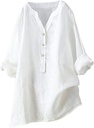 T-Shirt Grande Taille pour Femmes Haut décontracté en Coton et Lin à Manches Longues Boutons à col en V