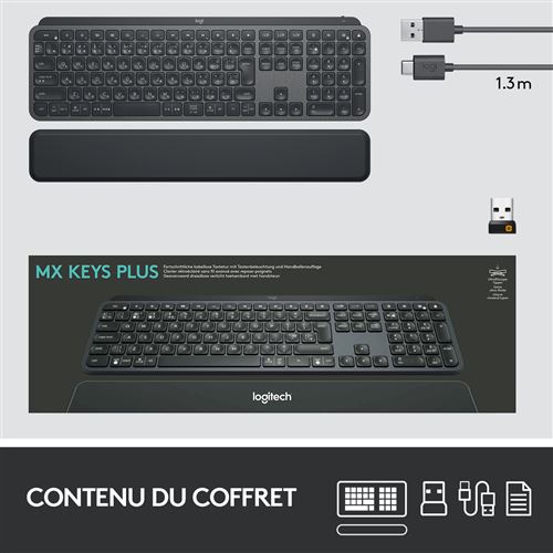 Logitech Logitech, MX Keys PLUS, Clavier Rétroéclairé Sans Fil Avancé Apple MacOS, Microsoft Windows, Linux, IOS, Android, Clavier Française AZERTY