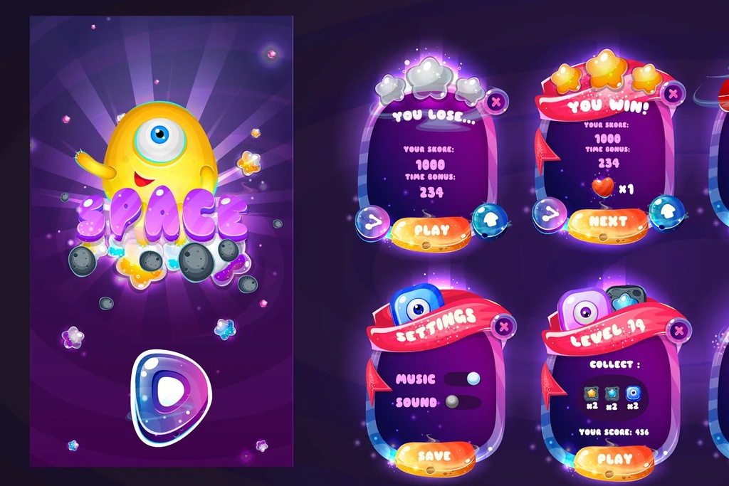 Space cartoon game assets set