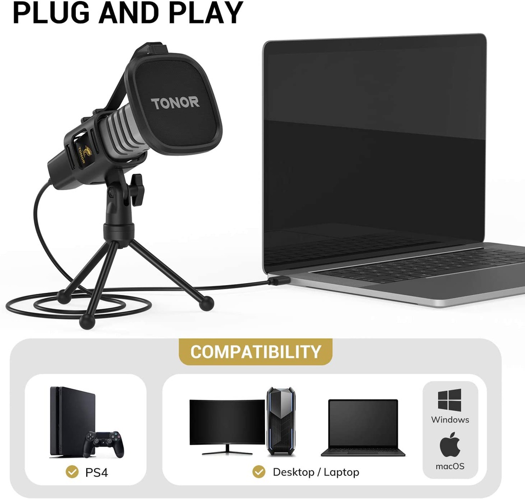 TONOR Microphone USB, Micro à Condensateur Pour PC, Avec Trépied TC30