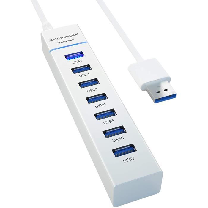 Multi-Port USB 7 En 1 Avec Contact + Cle USB 16Gb Offerte  - Blanc