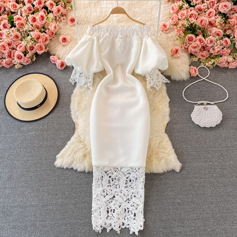Robe longue en dentelle ajourée pour femmes, Sexy, moulante, élégante, rouge/rose/blanc, épaules dénudées, Patchwork