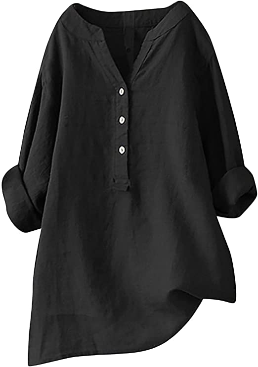 T-Shirt Grande Taille pour Femmes Haut décontracté en Coton et Lin à Manches Longues Boutons à col en V