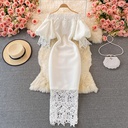 Robe longue en dentelle ajourée pour femmes, Sexy, moulante, élégante, rouge/rose/blanc, épaules dénudées, Patchwork